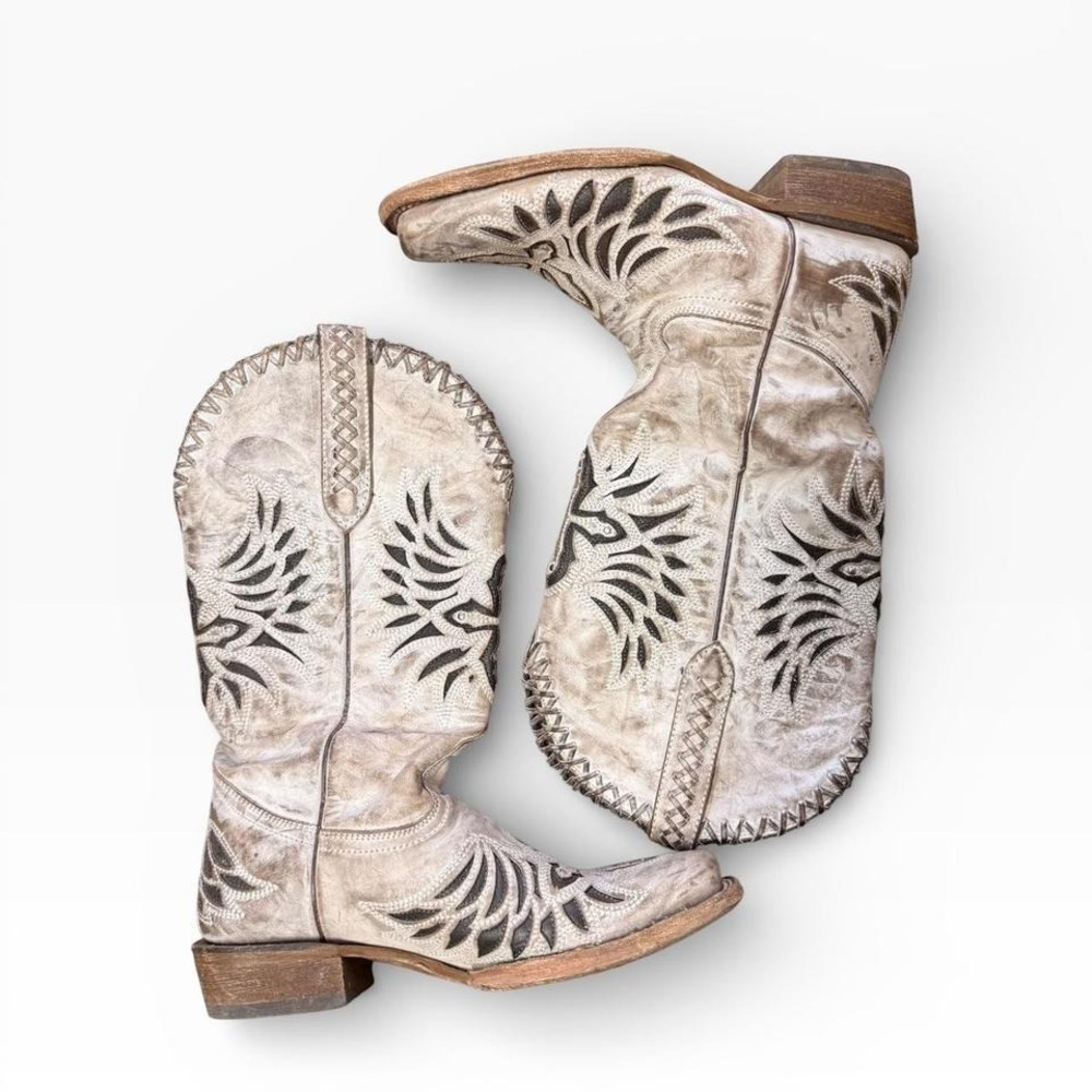 Corral Womens Distressed Bone Inlay Western‎ Cowboy Boots Snip Toe Wing Cutout